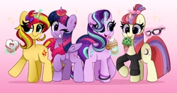 Size: 4096x2170 | Tagged: safe, artist:kittyrosie, imported from derpibooru, moondancer, starlight glimmer, sunset shimmer, twilight sparkle, alicorn, pony, unicorn, equestria girls, bow, bracelet, clothes, counterparts, cute, dancerbetes, donut, drink, ear piercing, earring, female, food, glasses, glimmerbetes, glowing horn, gradient background, hair bow, high res, horn, ice cream, ice cream cone, jewelry, looking at you, magic, mare, one eye closed, piercing, shimmerbetes, simple background, smiling, telekinesis, the uses of unicorn horns, twiabetes, twilight sparkle (alicorn), twilight's counterparts, wink