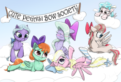 Size: 3000x2045 | Tagged: safe, artist:chopsticks, imported from derpibooru, angel wings, cozy glow, flitter, fond feather, peppermint goldylinks, oc, oc:bay breeze, pegasus, pony, :3, background pony, banner, behaving like a cat, blushing, bow, cheek fluff, chest fluff, clothes, cloud, cozybetes, cute, diawinges, eyebrows, eyebrows visible through hair, eyes closed, female, filly, flitterbetes, floppy ears, friendship student, grooming, hair bow, high res, lying down, mane bow, mare, nom, ocbetes, open mouth, peppermint adoralinks, ponyloaf, preening, sitting, socks, striped socks, text, unshorn fetlocks