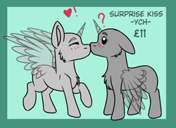 Size: 1232x893 | Tagged: safe, artist:rokosmith26, imported from derpibooru, pony, advertisement, blushing, chest fluff, commission, duo, floppy ears, simple background, your character here
