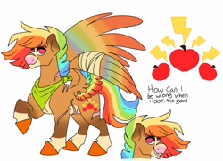 Size: 3452x2499 | Tagged: safe, artist:dodiejinx, imported from derpibooru, oc, oc only, pegasus, pony, colored wings, gradient wings, high res, magical lesbian spawn, multicolored wings, offspring, parent:applejack, parent:rainbow dash, parents:appledash, pegasus oc, rainbow wings, scar, simple background, solo, white background, wings