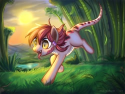 Size: 2560x1925 | Tagged: safe, artist:megabait, imported from derpibooru, dinosaur, lizard, mouse, pony, rat, worm, female, grass, running, solo, sun, valley