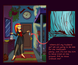 Size: 1280x1073 | Tagged: safe, artist:titantigress, imported from derpibooru, sunset shimmer, equestria girls, clock, clothes, costume, face mask, halloween, halloween costume, holiday, jack-o-lantern, mask, micro, planter, pumpkin, shrunk, sunset's apartment, trash can, vampire shimmer