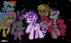 Size: 768x460 | Tagged: safe, artist:_denart, artist:rapunzelights, imported from derpibooru, applejack, fluttershy, pinkie pie, rainbow dash, rarity, spike, starlight glimmer, twilight sparkle, alicorn, earth pony, pegasus, pony, unicorn, the cutie re-mark, eyelashes, eyes closed, female, hat, hoof on chest, horn, male, mane seven, mane six, mare, open mouth, raised hoof, s5 starlight, scene interpretation, smiling, twilight sparkle (alicorn), wings