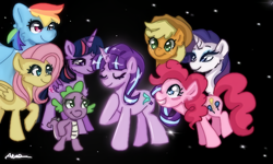 Size: 768x460 | Tagged: safe, alternate version, artist:_denart, artist:rapunzelights, imported from derpibooru, applejack, fluttershy, pinkie pie, rainbow dash, rarity, spike, starlight glimmer, twilight sparkle, alicorn, earth pony, pegasus, pony, unicorn, the cutie re-mark, eyelashes, eyes closed, female, hat, hoof on chest, horn, male, mane seven, mane six, mare, open mouth, raised hoof, s5 starlight, scene interpretation, smiling, twilight sparkle (alicorn), wings