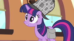 Size: 993x556 | Tagged: safe, imported from derpibooru, screencap, twilight sparkle, pony, unicorn, mmmystery on the friendship express, bag, deerstalker, detective, female, hat, mare, saddle bag, sherlock sparkle, unicorn twilight