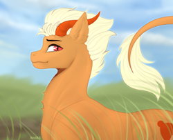 Size: 3200x2600 | Tagged: safe, artist:huskii-s, derpibooru exclusive, imported from derpibooru, oc, oc only, oc:orobas, dracony, dragon, hybrid, pony, field, grass, grass field, high res, horns, leonine tail, looking at you, male, solo, stallion
