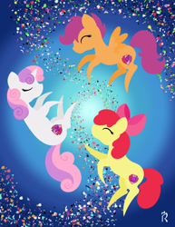 Size: 1920x2489 | Tagged: safe, artist:dawn-designs-art, imported from derpibooru, apple bloom, scootaloo, sweetie belle, earth pony, pegasus, pony, unicorn, abstract, abstract art, abstract background, cute, cutie mark, cutie mark crusaders, female, filly, floating, happy, minimalist, modern art, trio