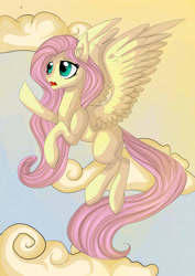 Size: 2059x2912 | Tagged: safe, artist:spidolot, imported from derpibooru, fluttershy, pegasus, pony, cloud, flying, high res, missing cutie mark, sky background, solo