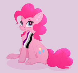 Size: 3032x2840 | Tagged: safe, artist:nyota71, imported from derpibooru, pinkie pie, earth pony, pony, asexual, asexual pride flag, colored pupils, ear fluff, headcanon, high res, lgbt headcanon, pride, pride flag, simple background, smiling, solo