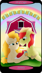 Size: 1500x2591 | Tagged: safe, artist:sixes&sevens, imported from derpibooru, part of a set, big macintosh, bright mac, pear butter, earth pony, pony, baby, baby macintosh, baby pony, barn, brightbutter, cider mug, female, lying down, male, minor arcana, mug, rainbow, shipping, straight, tarot card, ten of cups, trio, younger