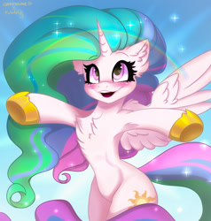 Size: 1875x1971 | Tagged: safe, artist:chickenbrony, artist:cottonaime, artist:falafeljake, imported from derpibooru, princess celestia, alicorn, pony, armpits, bipedal, blushing, chest fluff, cute, cutelestia, ear fluff, female, heart eyes, horn, incoming hug, missing accessory, open mouth, rainbow, smiling, solo, sparkles, wingding eyes, wings