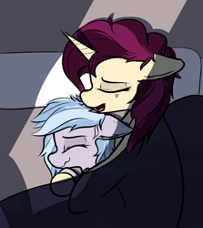 Size: 532x596 | Tagged: safe, artist:pinkberry, imported from derpibooru, imported from ponybooru, oc, oc only, oc:mulberry merlot, oc:winter azure, earth pony, pony, unicorn, age difference, colt, cuddling, cuddling in bed, cute, duo, duo male and female, earth pony oc, eyelashes, female, femboy, femboy on female, femboy on mare, freckles, girly, heart, male, mare, mare on colt, mulberry is a foalslut, ocbetes, sleeping, spooning, straight, straight shota, tattoo, trap