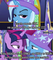 Size: 720x811 | Tagged: safe, edit, edited screencap, imported from derpibooru, screencap, trixie, twilight sparkle, alicorn, no second prances, op is a duck, spanish, text, translation request, twilight sparkle (alicorn)