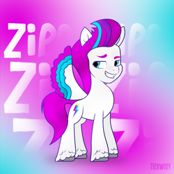 Size: 1000x1000 | Tagged: safe, artist:tierwidy, imported from derpibooru, zipp storm, pegasus, pony, colored wings, female, g5, hoof fluff, mare, multicolored wings, smiling, solo, spread wings, text, unshorn fetlocks, wings