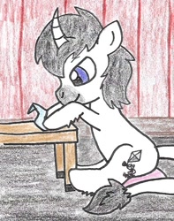 Size: 504x640 | Tagged: safe, artist:megashadowmew, imported from derpibooru, oc, oc only, pony, unicorn, curved horn, horn, leonine tail, male, origami, sitting, solo, stallion