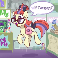 Size: 2048x2048 | Tagged: safe, artist:pfeffaroo, imported from derpibooru, moondancer, pony, unicorn, adorkable, bag, bow, convention, cute, dancerbetes, dork, excited, female, figurine, glasses, hair bow, high res, indoors, map, mare, meganekko, midair, open mouth, pfeffaroo is trying to murder us, plushie, pronking, saddle bag, solo, speech bubble, tail bow, text, three quarter view, weapons-grade cute