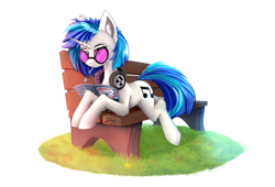 Size: 3850x2620 | Tagged: safe, artist:singovih, imported from derpibooru, dj pon-3, vinyl scratch, pony, unicorn, bench, chupa chups, cutie mark, female, glasses, grass, headphones, high res, hooves, horn, journal, lies, looking at you, lying down, mare, simple background, solo, white background