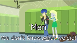 Size: 1920x1080 | Tagged: safe, edit, edited screencap, imported from derpibooru, screencap, derpy hooves, flash sentry, equestria girls, friendship games, caption, family guy, image macro, men: we don't know what we did, text