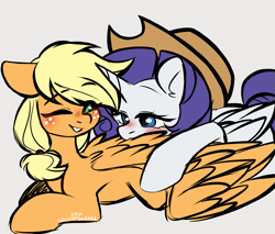 Size: 1171x1000 | Tagged: safe, artist:cottonsweets, imported from derpibooru, applejack, rarity, alicorn, pegasus, pony, accessory swap, alicornified, applejack's hat, assisted preening, blushing, commissioner:raritybro, cowboy hat, cute, female, flapplejack, grooming, hat, jackabetes, lesbian, lying down, one eye closed, preening, prone, race swap, raribetes, raricorn, rarijack, shipping, smiling