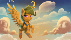 Size: 1366x768 | Tagged: safe, artist:tony-retro, imported from derpibooru, oc, oc only, oc:vincia nay, pegasus, pony, chest fluff, cloud, flying, looking at you, mouth hold, solo, spread wings, straw, wings