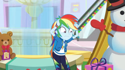 Size: 3410x1920 | Tagged: safe, imported from derpibooru, screencap, rainbow dash, equestria girls, equestria girls series, holidays unwrapped, spoiler:eqg series (season 2), clothes, cutie mark, cutie mark on clothes, dashing through the mall, female, geode of super speed, hoodie, jewelry, magical geodes, necklace, solo