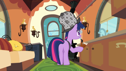 Size: 1920x1080 | Tagged: safe, imported from derpibooru, screencap, twilight sparkle, pony, unicorn, mmmystery on the friendship express, bubble, butt, deerstalker, detective, featureless crotch, female, hat, mare, plot, sherlock holmes, sherlock sparkle, solo, twibutt, unicorn twilight