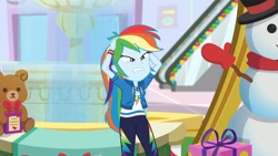 Size: 3410x1920 | Tagged: safe, imported from derpibooru, screencap, rainbow dash, equestria girls, equestria girls series, holidays unwrapped, spoiler:eqg series (season 2), clothes, cutie mark, cutie mark on clothes, dashing through the mall, female, geode of super speed, hoodie, jewelry, magical geodes, necklace, rainbow dash is best facemaker, solo