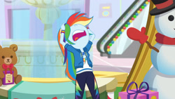 Size: 3410x1920 | Tagged: safe, imported from derpibooru, screencap, rainbow dash, equestria girls, equestria girls series, holidays unwrapped, spoiler:eqg series (season 2), clothes, cutie mark, cutie mark on clothes, dashing through the mall, female, geode of super speed, hoodie, jewelry, magical geodes, necklace, nose in the air, open mouth, solo