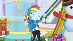 Size: 3410x1920 | Tagged: safe, imported from derpibooru, screencap, rainbow dash, equestria girls, equestria girls series, holidays unwrapped, spoiler:eqg series (season 2), clothes, cutie mark, cutie mark on clothes, dashing through the mall, eyes closed, female, geode of super speed, hoodie, jewelry, lip bite, magical geodes, necklace, solo