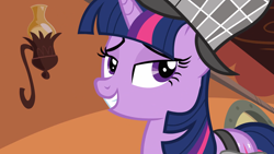 Size: 1920x1080 | Tagged: safe, imported from derpibooru, screencap, twilight sparkle, pony, unicorn, mmmystery on the friendship express, season 2, deerstalker, detective, female, hat, lidded eyes, mare, sherlock holmes, sherlock sparkle, solo, unicorn twilight