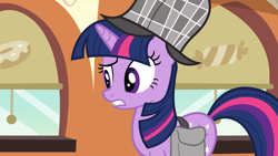 Size: 1920x1080 | Tagged: safe, imported from derpibooru, screencap, twilight sparkle, pony, unicorn, mmmystery on the friendship express, bag, deerstalker, detective, female, hat, mare, saddle bag, sherlock holmes, sherlock sparkle, solo, unicorn twilight