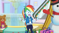 Size: 3410x1920 | Tagged: safe, imported from derpibooru, screencap, rainbow dash, equestria girls, equestria girls series, holidays unwrapped, spoiler:eqg series (season 2), angry, clothes, cutie mark, cutie mark on clothes, dashing through the mall, female, geode of super speed, hoodie, jewelry, magical geodes, necklace, rainbow dash is best facemaker, solo