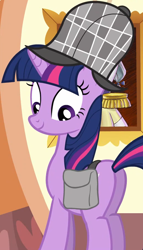 Size: 804x1401 | Tagged: safe, imported from derpibooru, screencap, twilight sparkle, pony, unicorn, mmmystery on the friendship express, butt, cropped, deerstalker, featureless crotch, female, hat, mare, plot, sherlock holmes, sherlock sparkle, solo, twibutt