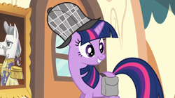 Size: 1920x1080 | Tagged: safe, imported from derpibooru, screencap, twilight sparkle, pony, unicorn, mmmystery on the friendship express, bag, deerstalker, detective, female, hat, mare, saddle bag, sherlock holmes, sherlock sparkle, solo, unicorn twilight