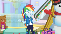 Size: 3410x1920 | Tagged: safe, imported from derpibooru, screencap, rainbow dash, equestria girls, equestria girls series, holidays unwrapped, spoiler:eqg series (season 2), angry, clothes, cutie mark, cutie mark on clothes, dashing through the mall, female, geode of super speed, hoodie, jewelry, lip bite, magical geodes, necklace, rainbow dash is best facemaker, solo, wide eyes