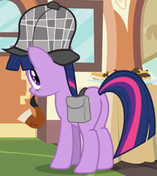 Size: 1000x1121 | Tagged: safe, imported from derpibooru, screencap, twilight sparkle, pony, unicorn, mmmystery on the friendship express, bag, bubble pipe, butt, cropped, deerstalker, detective, featureless crotch, female, hat, mare, pipe, plot, saddle bag, sherlock holmes, sherlock sparkle, solo, twibutt, unicorn twilight