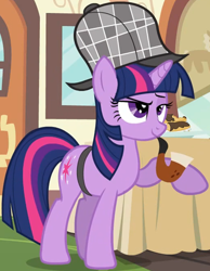 Size: 872x1121 | Tagged: safe, imported from derpibooru, screencap, twilight sparkle, pony, unicorn, mmmystery on the friendship express, bubble pipe, cropped, deerstalker, detective, female, hat, mare, pipe, sherlock holmes, sherlock sparkle, solo, unicorn twilight