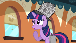 Size: 1920x1080 | Tagged: safe, imported from derpibooru, screencap, twilight sparkle, pony, unicorn, mmmystery on the friendship express, bag, deerstalker, detective, female, hat, mare, saddle bag, sherlock holmes, sherlock sparkle, solo, unicorn twilight