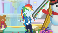 Size: 3410x1920 | Tagged: safe, imported from derpibooru, screencap, rainbow dash, equestria girls, equestria girls series, holidays unwrapped, spoiler:eqg series (season 2), clothes, cutie mark, cutie mark on clothes, dashing through the mall, eyes closed, female, geode of super speed, hoodie, jewelry, magical geodes, necklace, open mouth, solo