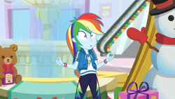 Size: 3410x1920 | Tagged: safe, imported from derpibooru, screencap, rainbow dash, equestria girls, equestria girls series, holidays unwrapped, spoiler:eqg series (season 2), :o, clothes, cutie mark, cutie mark on clothes, dashing through the mall, female, geode of super speed, hoodie, jewelry, magical geodes, necklace, open mouth, rainbow dash is best facemaker, solo