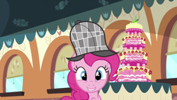 Size: 994x559 | Tagged: safe, imported from derpibooru, screencap, pinkie pie, earth pony, pony, mmmystery on the friendship express, cake, deerstalker, dessert, detective, female, food, hat, mare, marzipan mascarpone meringue madness, sherlock holmes, sherlock pie, train