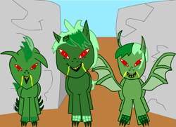 Size: 551x399 | Tagged: safe, artist:flikaline, imported from derpibooru, oc, oc only, bat wings, broken horn, clawed hooves, drool, goblin pony, horn, trio, wings