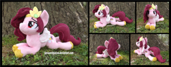 Size: 4455x1754 | Tagged: safe, artist:peruserofpieces, imported from derpibooru, pipp petals, pegasus, pony, adorapipp, beanie (plushie), cute, female, g5, irl, looking at you, lying down, mare, photo, pipp, plushie, prone, smiling, smiling at you, sploot, tree, wings