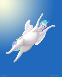Size: 1200x1500 | Tagged: safe, artist:soobel, imported from derpibooru, princess celestia, alicorn, pony, both cutie marks, chubbylestia, fat, female, flying, looking at you, looking down at you, majestic as fuck, smiling, solo, spread wings, uncanny valley, underhoof, wings