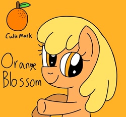 Size: 753x698 | Tagged: safe, artist:yorkyloves, imported from derpibooru, oc, oc:orange blossom, earth pony, pony, ask, ask juby, cutie mark, female, food, fruit, mare, orange, orange background, raised hoof, raised leg, signature, simple background, smiling, tumblr, underhoof