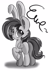 Size: 2600x3700 | Tagged: safe, artist:hisp, imported from derpibooru, oc, oc only, oc:eventide mist, bat pony, pony, black and white, bunny ears, butt, female, grayscale, high res, monochrome, plot, simple background, solo, solo female