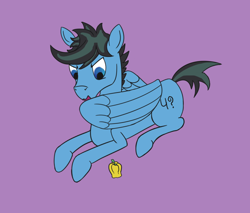 Size: 1058x900 | Tagged: safe, artist:ononim, imported from derpibooru, oc, oc only, oc:repentant anon, pegasus, pony, angry, bell pepper, colored sketch, food, grooming, lying down, male, pepper, preening, prone, purple background, simple background, solo, stallion