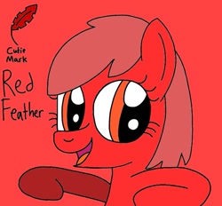 Size: 753x698 | Tagged: safe, artist:yorkyloves, imported from derpibooru, oc, oc:red feather, earth pony, pony, ask, ask juby, cutie mark, feather, female, hooves, mare, open mouth, red background, signature, simple background, smiling, tumblr, underhoof