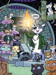 Size: 768x1024 | Tagged: safe, artist:tonyfleecs, idw, imported from derpibooru, chummer, shadow (g4), abyssinian, cat, spoiler:comic, spoiler:comic97, admiral fluffington, eyepatch, max, max (cat), molly, molly (cat), monocle, scar, shadow (cat)