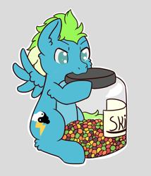 Size: 2145x2505 | Tagged: safe, artist:backgroundpony#f352, imported from derpibooru, oc, oc only, oc:freefall, pegasus, candy, commission, cute, food, high res, jar, male, skittles, wings, ych result